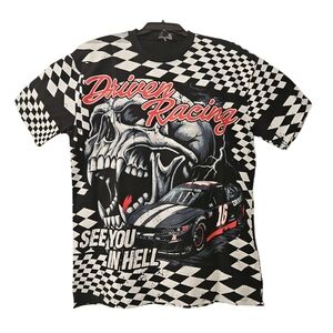 BrandMakers Group Man Driven Racing And Skull Black White Graphic Tee SizeM
